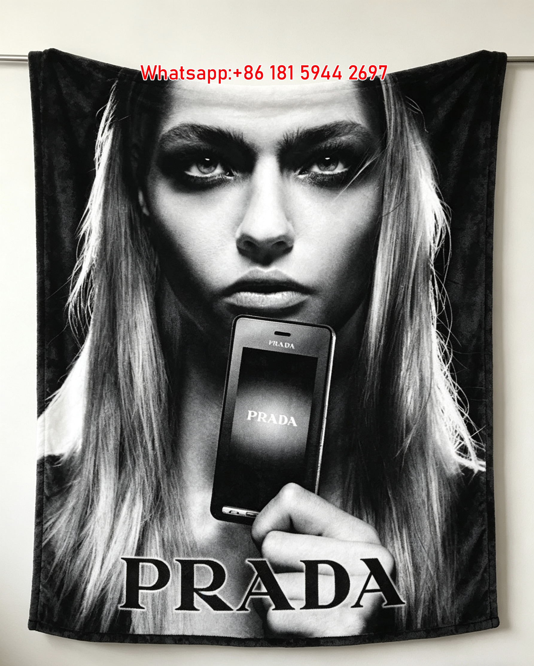 Prada Black and White Monochrome Phone Print Flannel Throw Blanket IMG_2812